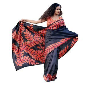 Black and Red Pure silk hand painted saree